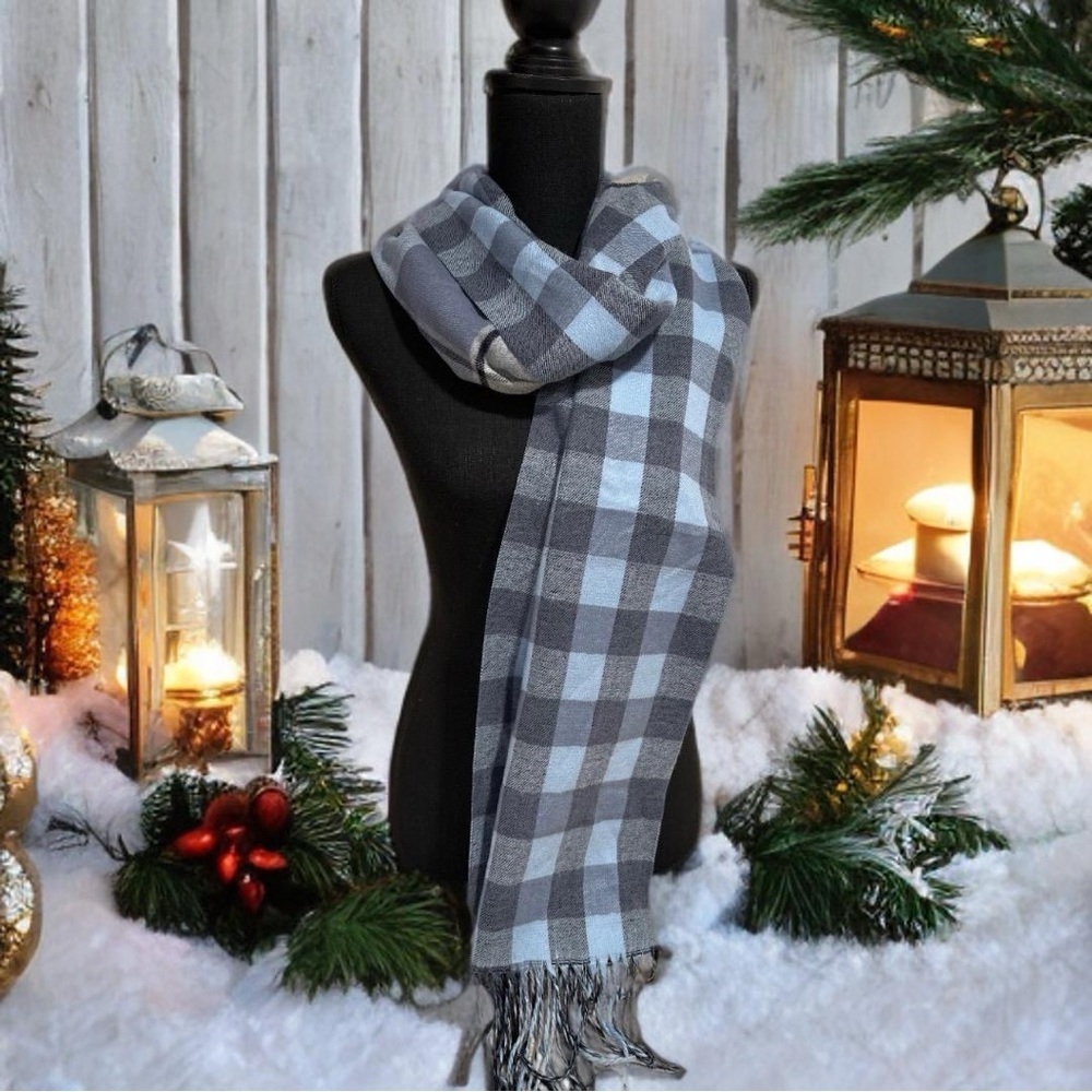 Super SoftDouble sided Plaid & Checked Pattern Blue Toned Long Scarf NEW - Picture 15 of 17